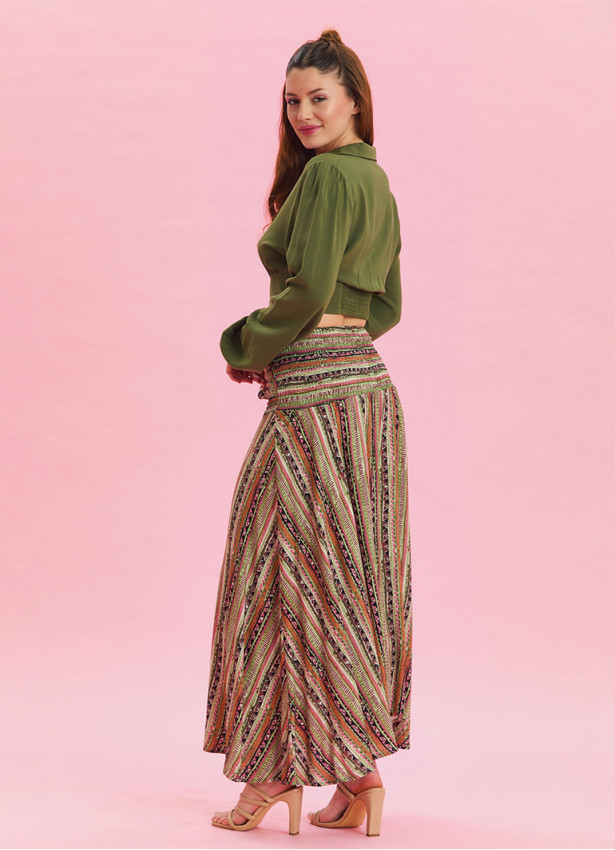 Gipe Waist Tied Khaki Patterned Long Skirt 4496